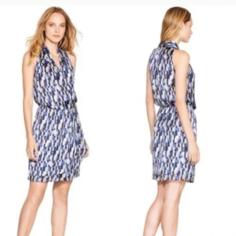 White House Black Market Blue Bohemian Silky Lux Draped Preppy Mini Dress Size 8